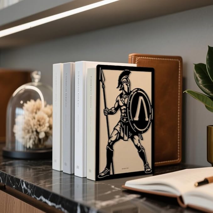 Peacoblue Metal Bookends for Shelves, Modern Decorative Heavy Duty Study Book Ends Stoppers for Office, Desk, Shelf, Room 5.3"x4.3"x7.9" Cast Iron Simple Tall Bookends 1 Pair (Spartan Warriors)