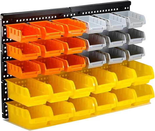 30-Bin Wall Mounted Storage Bins Kit, Tool Organizer Rack, Garage Hardware Organizer, Parts Storage Bins, DIY Combination 4 Set (Grey & Orange & Yellow Type)