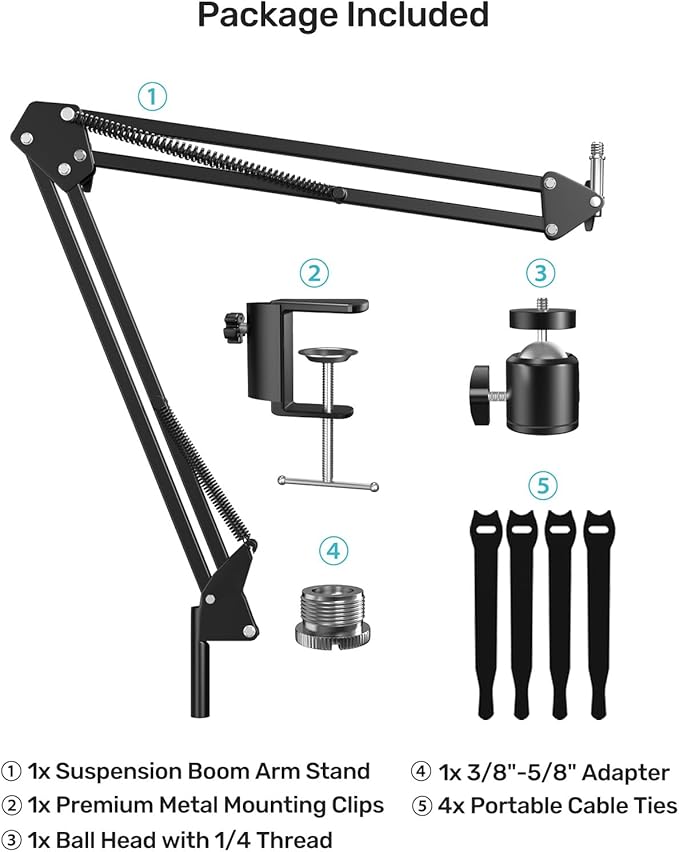 Webcam Stand, Boom Arm Camera Mount Stand for Logitech Webcam BRIO 4K C920 C920S C922 C922x C925e C930 NexiGo N60, 1/4"-3/8" and 3/8"-5/8" Screw for Blue Yeti Snowball Yeti Nano and Other Mics