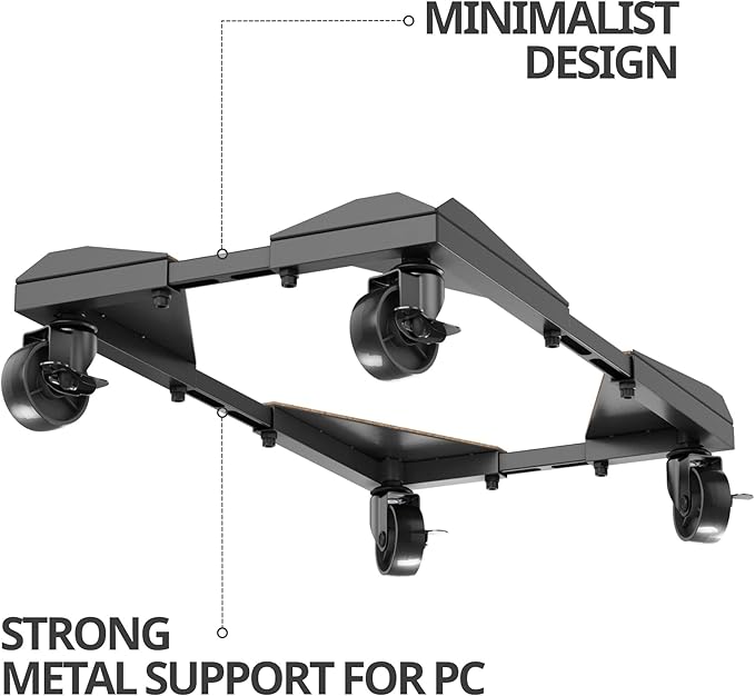 PC Tower Stand – Metal Frame – Adjustable Width and Length – 4 Locking Wheels – Cork Pads – Computer Tower Stand for ATX – Easy Assembly – Wide Size Range – Computer Cart – CPU Holder