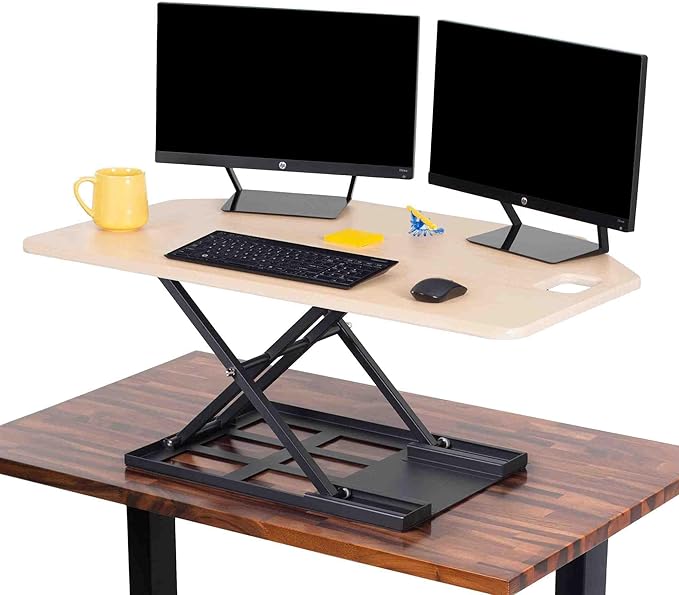 X-Elite Pro 40" Corner Standing Desk Converter with Pneumatic Lift | Adjustable Sit to Stand Riser, L-Shaped Desks & Cubicles | Fully Assembled Computer Workstation (American Maple)