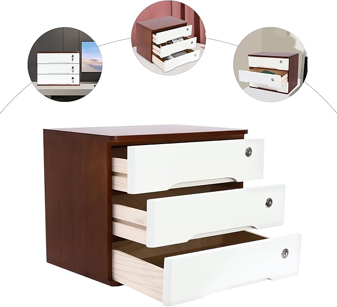Wood Desk Organizer with 3 Drawers, Lockable Desktop Countertop Storage Cabinet for Home Office Supplies File Tabletop Organizing Unit, 15.75" x 11.02" x 12.2" (Dark Brown + White)