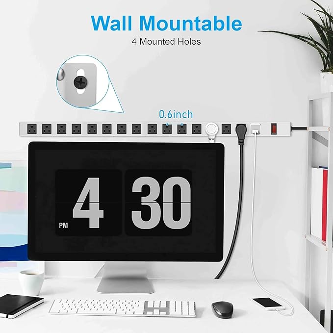 JUNNUJ Metal 16 Outlet Power Strip, Mountable Heavy Duty Power Strip, 1200J Surge Protector Wall Mount Screws Outlet with Switch, Gaming Desk Strips Wide Spaced 15A 125V 1875W, 15 FT 14AWG Power Cord