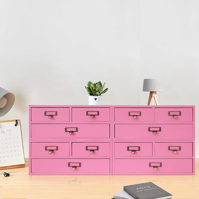 4 Packs Vintage Desktop Apothecary Cabinet with 3 Drawers,Wood Desktop Organizers Stackable Drawers Desktop Chest Drawer for Herb Storage,Tea Collection,Stationery (Pink)