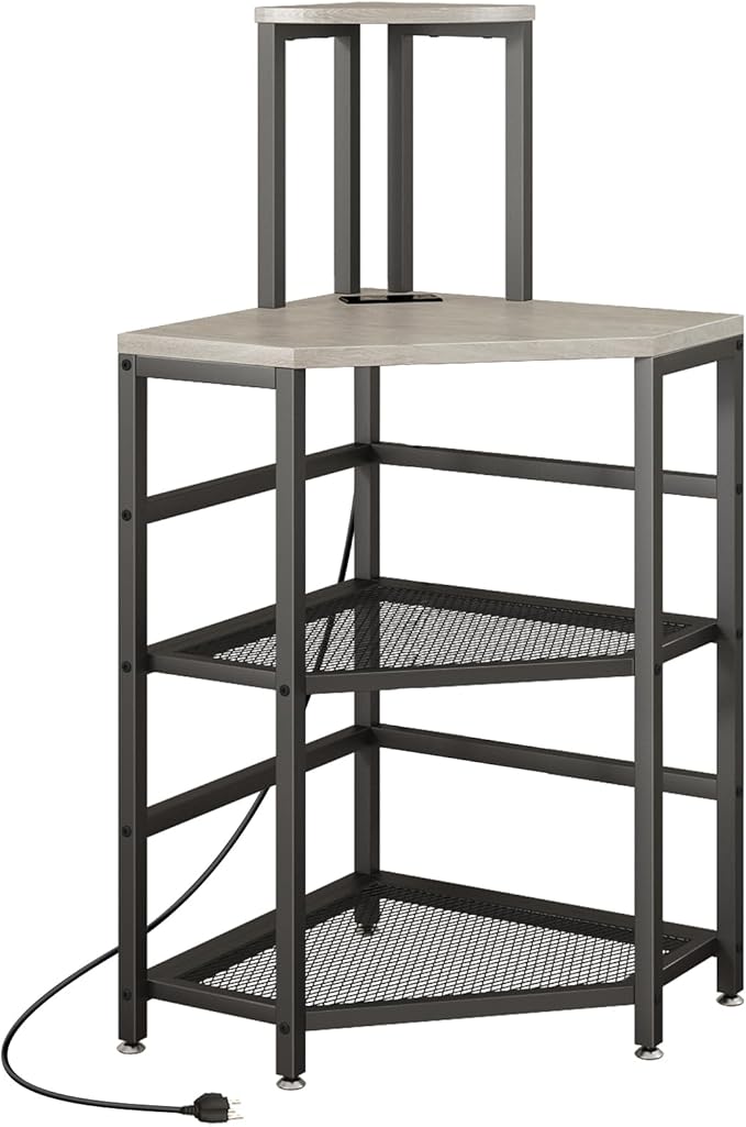 METYERRY Gray Corner Printer Stand Table, with Power Outlet and USB Charging & LED Lights, for Home Printer Stands, Storage Shelf, Computer Tower/CPU Stand Holder for Home Office, Greige