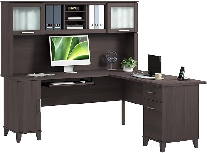 Bush Home 72-Inch L-Shaped Desk with Hutch, Corner Computer Office Desk with File and Box Drawers, Shelves and Storage Cabinet, Home Office Workstation, Somerset Collection, Storm Gray