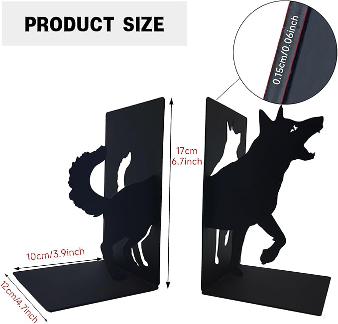 ENCIMART Wolf Book Ends Decorative for Shelves, Black Metal Bookend Supports for Heavy Books, Book Stoppers for Home Office Desktop Organizer for Men and Book Lovers Gift
