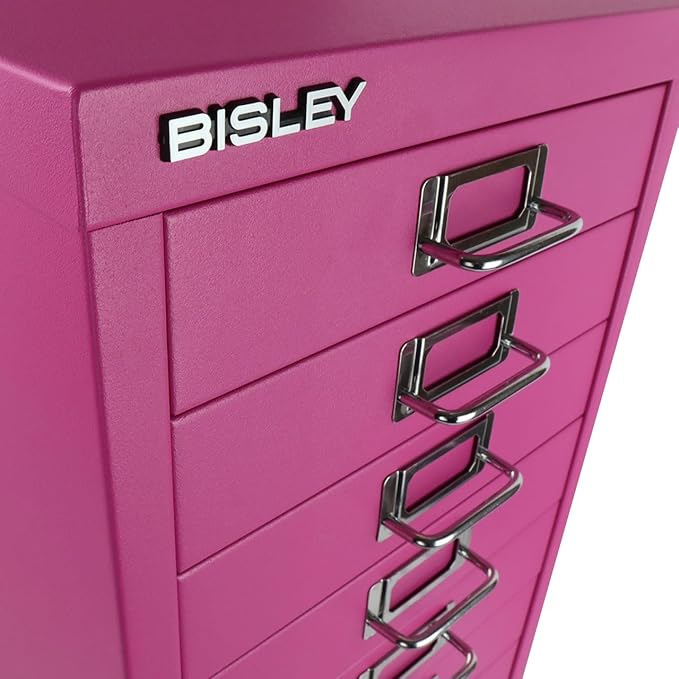 Bisley 10-Drawer Steel MultiDrawer Cabinet - Fuchsia, Chrome Pull Handles with Label Holders, Powder-Coated Steel, Removable Drawers, Fits Under Most Desks, Labels Included