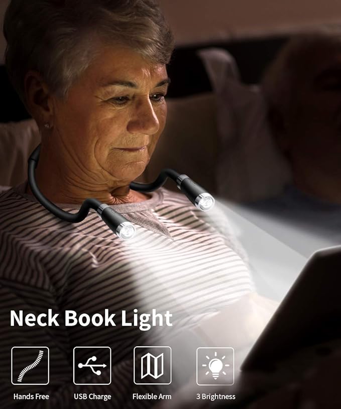 LED Neck Book Light USB Rechargeable, Hands Free, 4 Super Bright LED Bulbs, 3 Adjustable Brightness, Best for Reading in Bed, Knitting, Walking, Jogging, Mending in Night (Black)