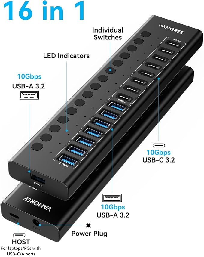 Powered USB Hub 3.2 Gen 2, VANGREE 16 Ports USB Hub (8 USB-A 3.2+8 USB-C 3.2), 10Gbps Aluminum Multiport Expansion Hub with 96W Power Adapter for PC Laptop HDD SSD Flash Drive