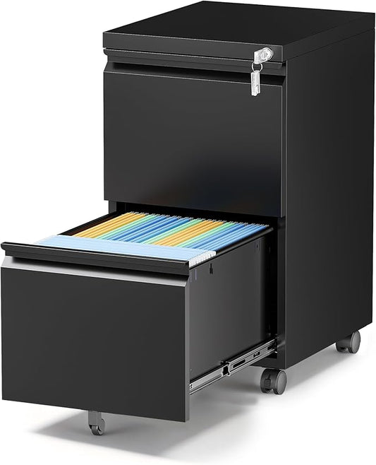 2 Drawer Metal File Cabinet with Lock, Rolling File Cabinets with Lock for A4/Legal/Letter Size, Under Desk Filing Cabinet for Home Office Assembly Required（Black）