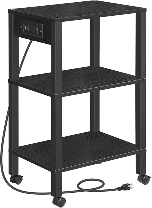 HOOBRO 3-Tier Printer Stand with Charging Station, Under Desk Printer Table, Printer Cart with Storage Shelves, Shelf for Small Spaces, for Home Office, Black BK63UPS01