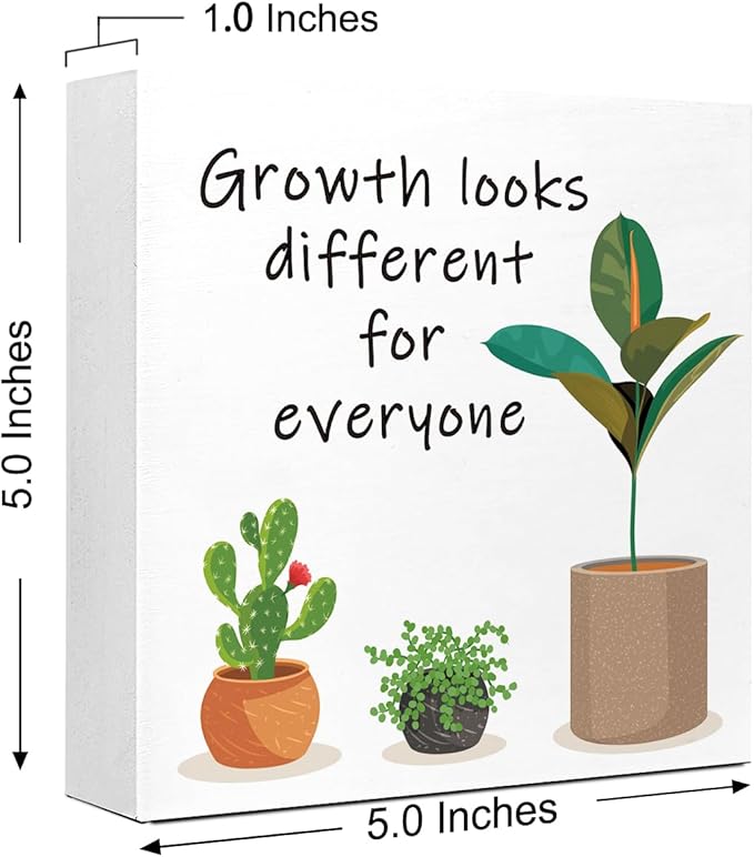 LVQHI Growth Looks Different for Everyone Inspirational Wood Block Sign, Motivational Plant Theme Wooden Desk Decor for Home Bedroom Office, Cheer Up Gift for Friend Coworker Women