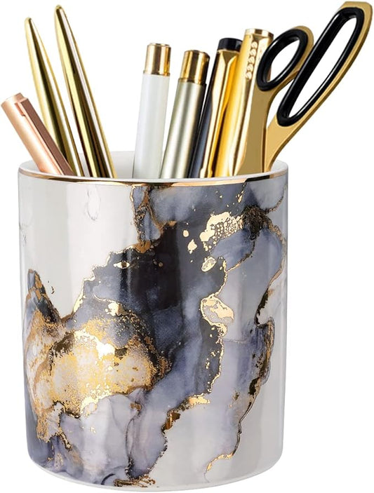 WAVEYU Marble Pencil Holder, Durable Ceramic Desk Organizer Office Supplies,Desktop Stationary Organizer,Multi-Functional Pencil Storage for Desktop Accessories,Office,Classroom,Home,Gray Gold