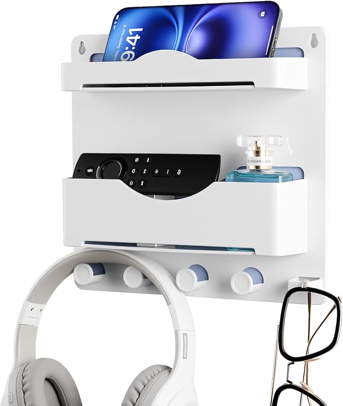 Bedside Wall Shelf with Glasses Hooks ，Adhesive Bedside Organizer Wall Mount for Dorm and Room Accessories Phone，Remote，Earphone， Kindle (White)