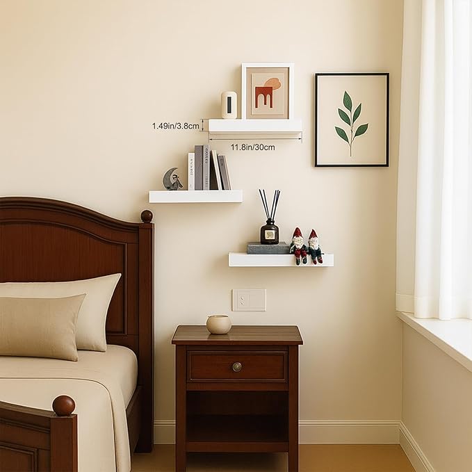 Floating Shelves, White Wooden Set of 3 Wall Mounted Bathroom Shelves Over Toilet, Modern Small Hanging Shelves for Bedroom Living Room Kitchen Home Decor Storage, 12" x 7" x 1.5"