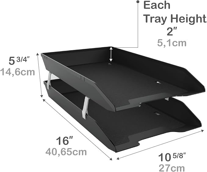 Acrimet 2-Tier Legal Size Paper Tray Organizer, Made in USA, Plastic Desk File Organizer, Front-Load Document Tray for Office, Home & School, Black