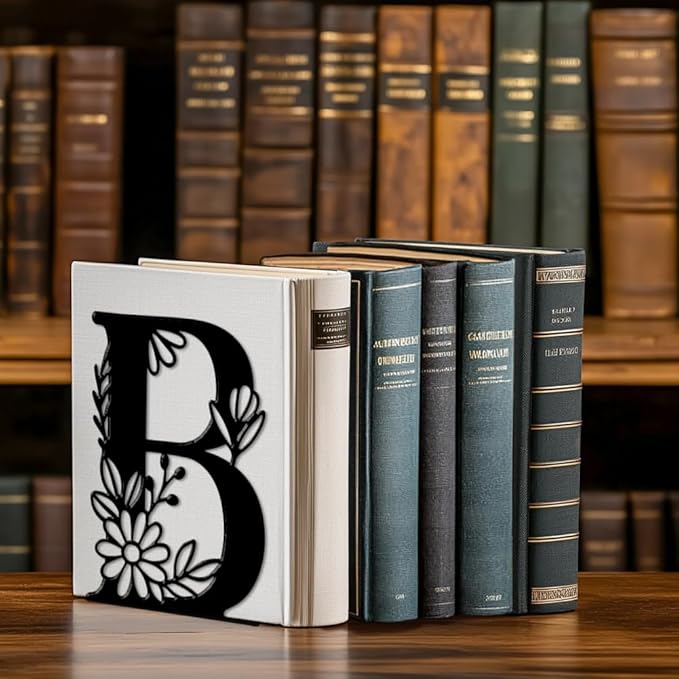 Peacoblue Metal Bookends for Shelves, Modern Decorative Heavy Duty Study Book Ends Stoppers for Office, Desk, Shelf, Room 5.3"x4.3"x7.1" Cast Iron Simple Tall Bookends 1 Pair (Letter B with Flower)