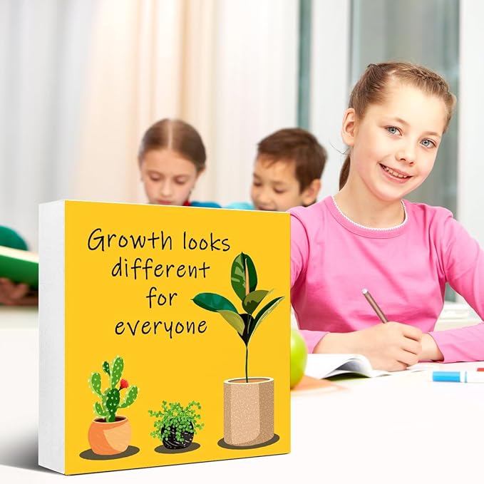 LVQHI Inspirational Desk Sign,Growth Looks Different for Everyone Plant Motivational Wooden Block Sign for Home Bedroom Office Desk Decor Saffron 5“L x 5"W x 1.2"H