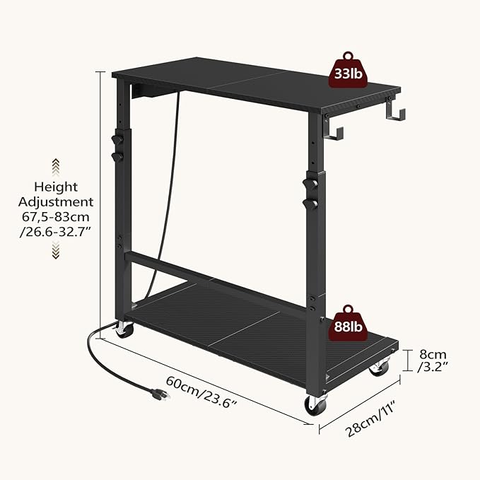 MAHANCRIS Computer Tower Stand with Power Outlet, Mobile PC Stand for Floor, Height Adjustable PC Holder Cart Under Desk, 26.6"-32.7" H, for Home Office, Gaming Room, Black PCHS216E01