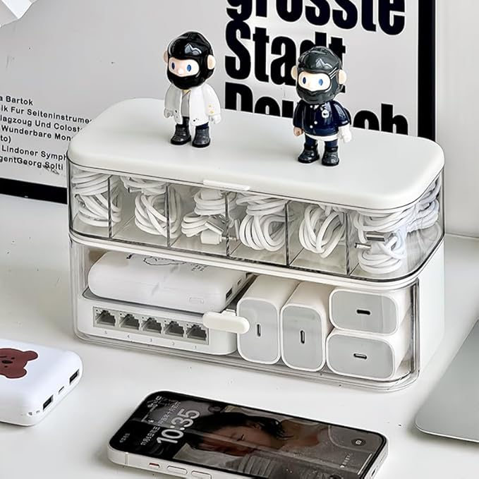 Cord Organizer Box with Lid, Stackable Cable & Charger Organizer, Clear Cable Management Box with 6 Compartment for Office, Desk, Drawer