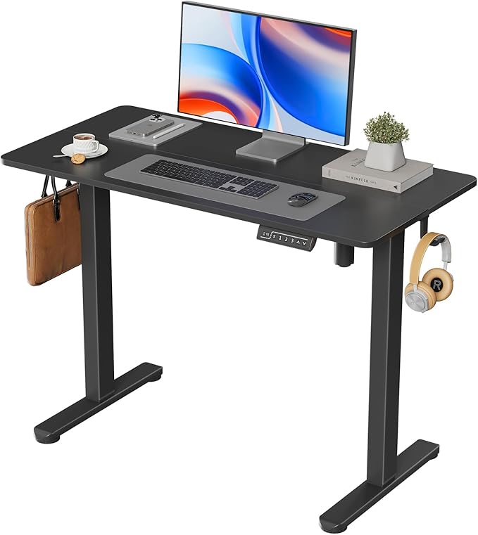 Electric Standing Desk, 40" ×20" Samll White Standing Table, Height Adjustable Compact Sit Stand Desk with Splice Board, Home Office Table with 2 Hooks, Black