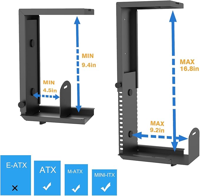 Universal Wall or Under Desk CPU Mount, PC/NAS Bracket – 4.5 to 9.2 inch Wide Computer Holder, Space-Saving Design with Safety Lock,Max Load 32Lbs