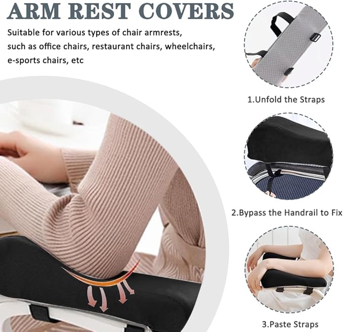 2 Pack Office Chair Armrest Pads Covers,Arm Rest Pad with Memory Foam Elbow Pillow for Forearm Pressure Relief, Arm Rest Covers for Office Chairs, Wheelchair, Comfy Gaming Chair (Black)
