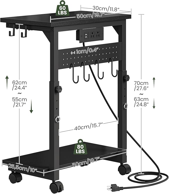 CHOEZON Computer Tower Stand, Height Adjustable PC Holder on Wheels, Computer Stand with Power Outlet, Under-Desk PC Cart with 6 Hooks, Movable Side Table, for Living Room, Office, Black TCJ50UBB