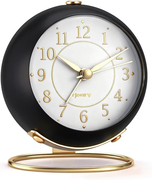 rjuwurv Metal Desk Alarm Clock, Retro Bedroom Table Vintage Analog Silent Non-Ticking Gold Alarm Clock, Bedside Decor(Black)