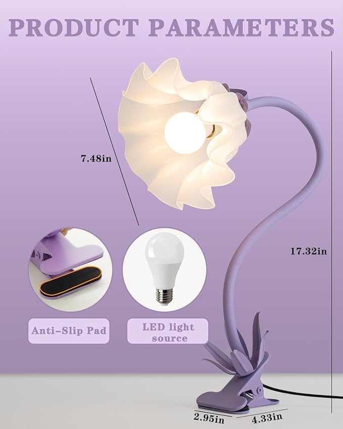 WERFOP Flower Desk Lamp with Clamp - School Dorm Supplies, 3 Color Modes Flower Eye-Caring Clip on Light, Flexible Neck Reading Lamps for Home College Studying Room Bedside (Purple)