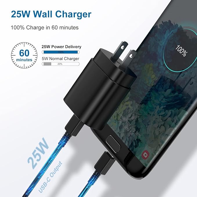 Type C Charger, 2Pack 25W PD USBC Wall Charger Super Fast Charging Block& 10ft Android Phone Cable Cord for Samsung Galaxy S25 S24 S23 S22 S21 S20 (Plus Ultra)/Note 20 10 9 8/ S10 S9 S8 Black