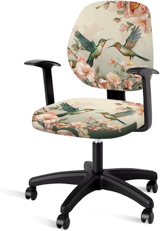 Hummingbird Flower Office Chair Covers Stretchable Computer Office Chair Seat Cover Removable Desk Accessories Floral Print Chair Slipcover Protector Universal Rotating Desk Chair Covers