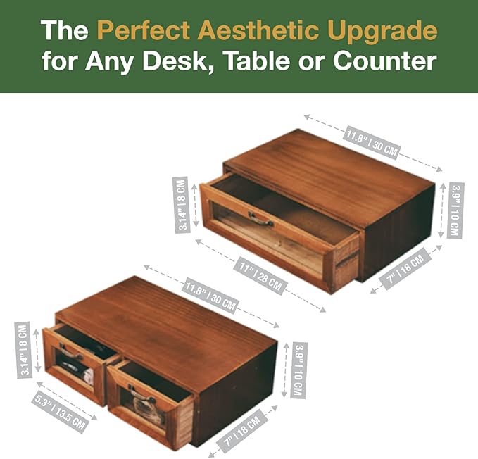 2-pc Stackable Storage Drawers - See-Through Wooden Storage Cabinets - 2-Level Desktop Organizing Cabinet with 3 Drawers - Solid Wood Storage Box with Display & Metal Handles…