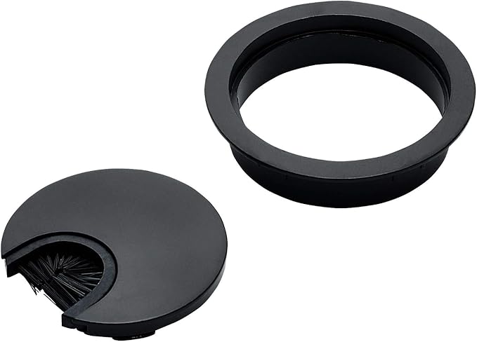 Matte Black Metal Cable Grommet | 2 Piece "Lock in" Feature with "Brush" Opening for Management of Office & Computer Desk Wires | 60mm (2 3/8") Hole Opening | 5 Pack
