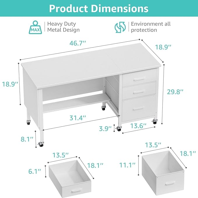 WINAZ Rolling Teacher Desk with File Drawers - 47 Inch Mobile Computer Desk with Privacy Panels & 3 Storage Drawers on Wheels, White Office Desks Workstation for Classroom & Home Office