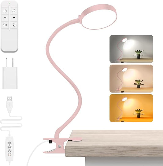 iFalarila Reading Light with Remote, LED Desk Lamp Clip on [1H Timer & Nightlight] RA>95 Dimmable Flexible Gooseneck, Reading Lamp with Clamp for Table - 3.5'' (Adapter Included)