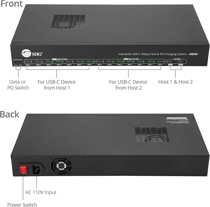 SIIG 16-Port Industrial 600W USB-C PD Charging Station Hub - 5Gbps Transfer Speeds, 30W 14-Port, 100W 2-Port, Metal, Surface Mountable Housing, Auto Fan Control, ESD Protection (ID-US0B11-S3)