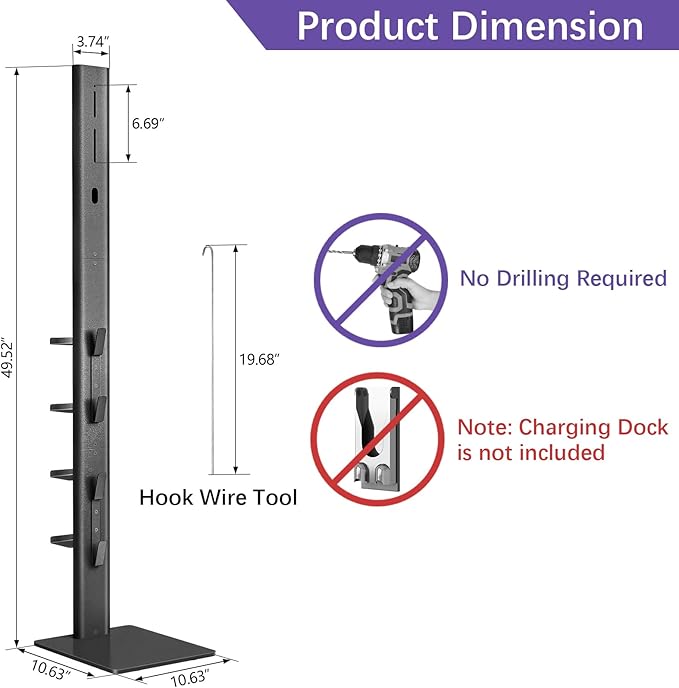 XIGOO Storage-Stand-Docking-Station-Holder Compatible with V15 Detect V11 V10 V8 V7 V6 Cordless Vacuum Cleaners, Stable Metal Organizer Rack(Black, 4 Hooks 4 Shelves)
