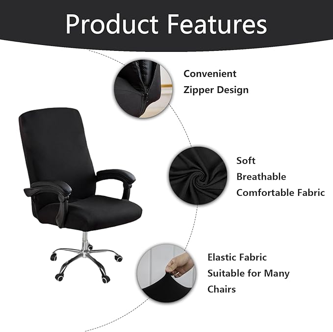Computer Office Chair Cover with Zipper,Universal Washable Removable Stretch Anti-dust Rotating Soft Office Seat Slipcover,High Back Desk Seat Protector for Pets (Black, Large)