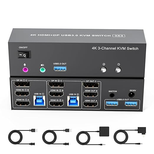 4K KVM Switch 3 Monitors 2 Computers Triple Monitor Displayport and 2 HDMI USB 3.0 KVM Switches 4K@60Hz,Support Extended/Mirror Mode Share 3 USB 3.0 Ports with Desktop Controller, Adapter Included