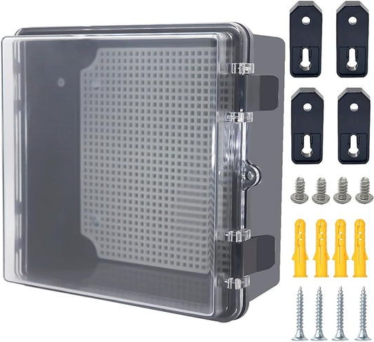 Junction Box, Hinged Black Clear Cover IP67 Waterproof ABS Project Box with Mounting Plate Electrical Box Enclosure with Wall Bracket 8.3 x 8.3 x 4.3inch(210x210x110mm)