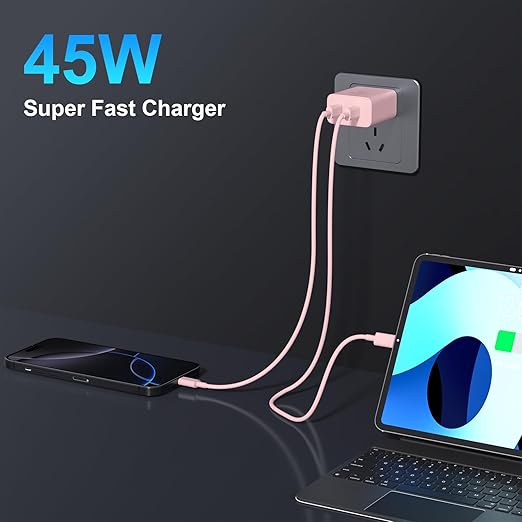 iPhone 17 16 15 Charger Fast Charging, 45W Dual USB C Phone Charger Block with 10FT Long Type C Cable Cord for Apple iPhone 17/Pro/Pro Max/17 Air/16 Pro/16 Pro Max/15 Plus/15 Pro/iPad/S26 Ultra(Pink)