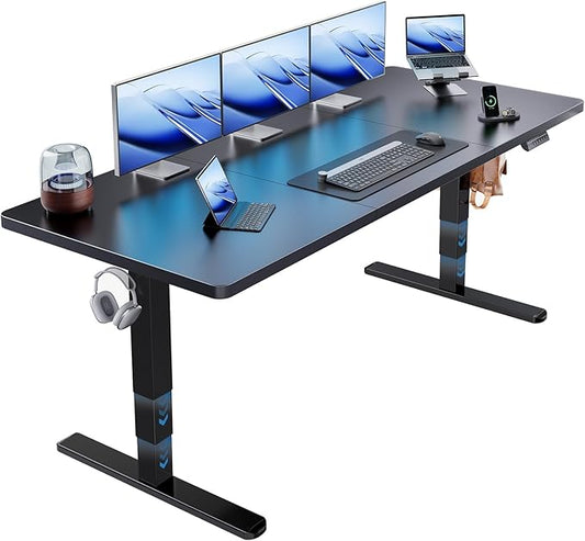 HUANUO 70x30 Inch 3-Stage Legs Electric Standing Desk, Large Height Adjustable Office Desk with Brushless Motor, Stand Up Desk with 4 Memory Presets & 2 Hooks, Computer Desk for Home Office, Black