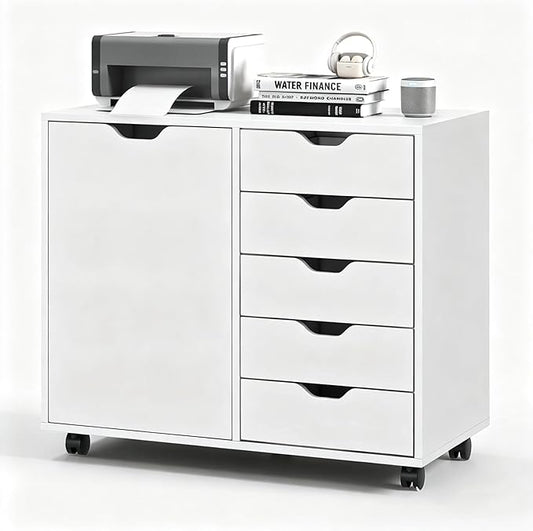 5-Drawer Wood Drawer Cabinet, Office Storage Cabinet with Adjustable Shelf & Wheels, Printer Stand for Home Office, White, 15.7" D x 30.7" W x 25.4" H