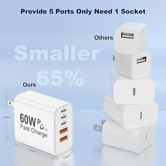 USB C Charger Block, 5 in 1 60W Charging Blocks, PD 3.0 25W Single Max Fast Charger, QC 2A USB Wall Charger for iPhone 16 15 14 13 12 11 Pro Max, iPad, iPod, Samsung, AirPods Pro, Apple Watch Series