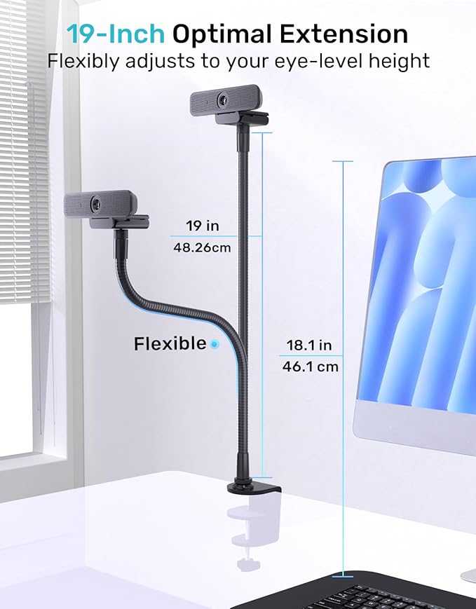 19-inch Gooseneck Webcam Mount Stand for Desk, Heavy-Duty Table Clamp & Flexible Arm for Logitech Webcam BRIO 4K C920 C920s C922 C922x C925e C930 C930e C960 C615 NexiGo N60, Cam with 1/4" Thread