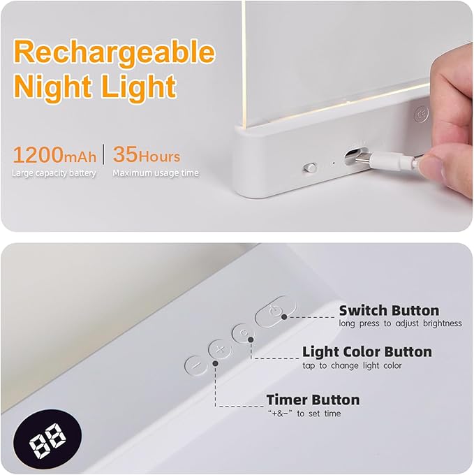 Book Light, Rechargeable Reading Lights for Books in Bed - Eye Caring 3 Color Temperatures, Stepless Dimming Brightness, Timer, Long Lasting, Portable Flat Book Light for Book Lovers (Black)
