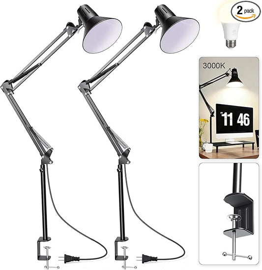 2 Pack LED Desk Lamp With Clamp for Office Home, Eye-Caring Desk Light with 360°Adjustable Extra Tall Metal Swing Arm, High Intensity Clamp w/A19 E26 Bulb for Working Reading, Table Lamps Warm Light