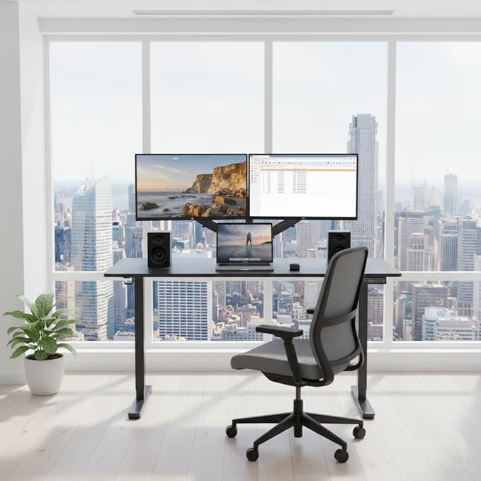 NSY Audio Electric Standing Desk 55x24 Inches - Height Adjustable, Whisper Quiet Motor, Walnut Top & Black Frame for Home Office Gaming, Focused Work, Black